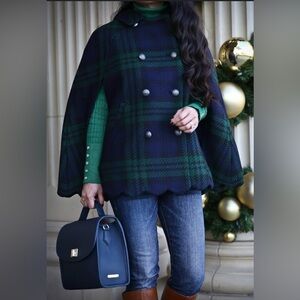 Talbots Navy and Green Plaid Cape Coat